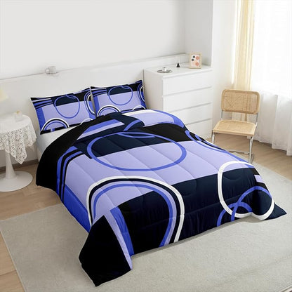 Retro Swirls Bedding Sets King Geometric Circles Square Comforter For Kids Girls Teens Blue Black Grey Duvet Set Vintage Graphic Patchwork Quilted Comforter Soft Microfiber Bedding Comforter Sets