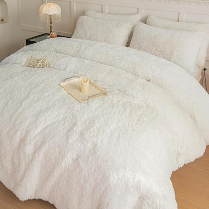 chovy Faux Fur Plush White Comforter Sets Twin/Full Size - Ultra Soft Shaggy Flannel Velvet Fluffy Fuzzy 3PC Bedding Set （Comforter x 1 Pillowcases x 2）