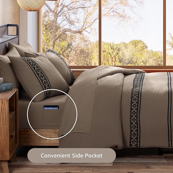 MaiRêve Embroidery Queen Size Comforter Set Taupe Grey, Boho Farmhouse Western Bedding Set 7 Pieces, All Season Bed in A Bag Comforter Set with Sheets, Pillowcases & Shams