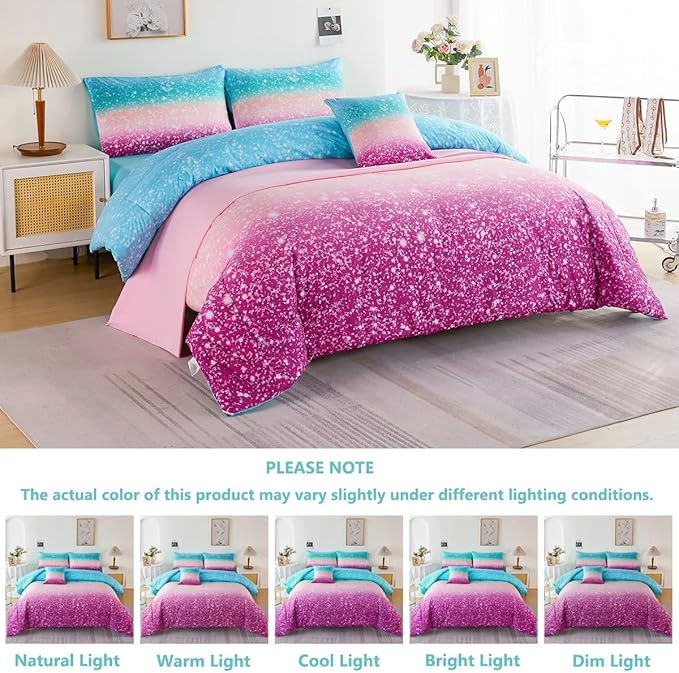 PERFEMET Queen Comforter Set with Sheets, 6 Pieces Tie Dye Rainbow Girls Bedding Set, Gradient Glitter Colorful Ombre Bed in A Bag (Aqua Teal Purple, Queen)