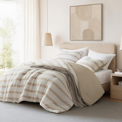 Madison Park Essentials Striped Comforter Set King/Cal King Size, Yarn-Dyed Reversible Comforter with Minimalist Stripes, Crinkled Texture Bedding Set for All-Season Lightweight Warmth, Merritt Taupe