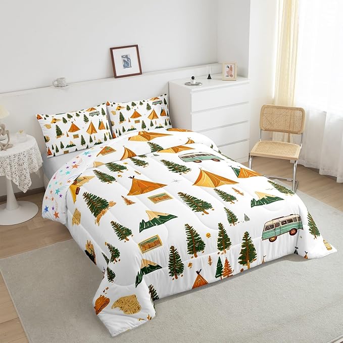 Feelyou Camping Comforter Set Toddler Size Vintage Comforter Camper Accessories for Travel Trailers Bedding Set Camper Duvet Set Room Decor Ivory Quilt Set