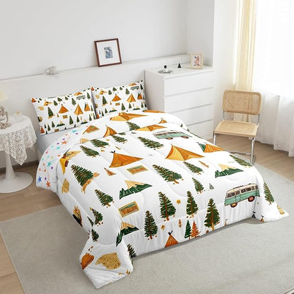 Feelyou Camping Comforter Set Queen Size Vintage Comforter Camper Accessories for Travel Trailers Bedding Set Camper Duvet Set Room Decor Ivory Quilt Set