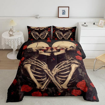 Erosebridal Sugar Skull Down Comforter Toddler Size, Gothic Skeleton Bones Comforter Set, Halloween Horror Bedding Set, Rose Flower Quilt for Teens Youth Adult Women Men Room