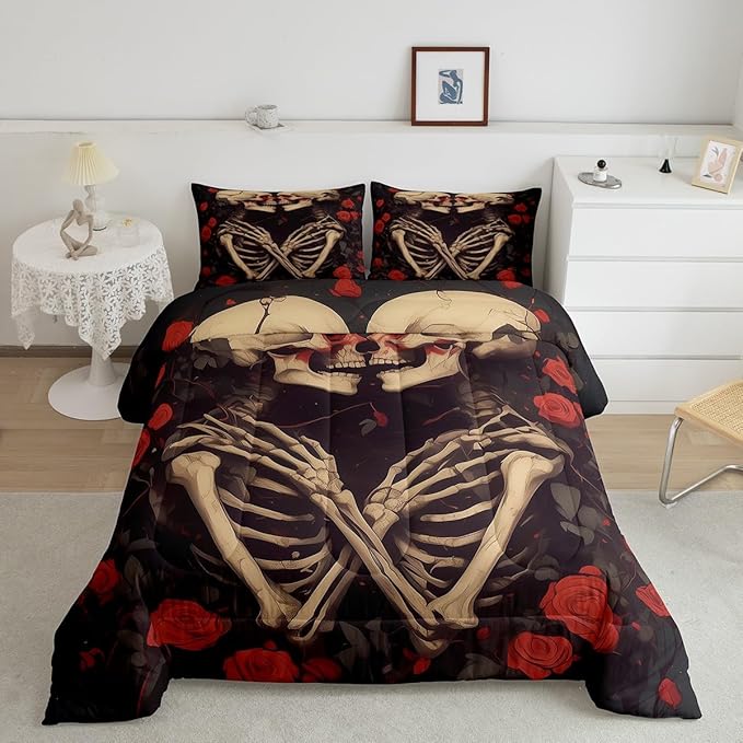 Erosebridal Sugar Skull Down Comforter King Size, Gothic Skeleton Bones Comforter Set, Halloween Horror Bedding Set, Rose Flower Quilt for Teens Youth Adult Women Men Room