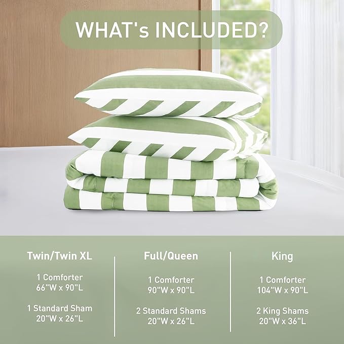 Reversible Striped Queen Comforter Set, Soft Microfiber Bedding Set with Double-sided Stripes Design, Warm & Cozy for All-Seasons, 3-Piece Comforter and Shams Set Queen Size, Sage Green