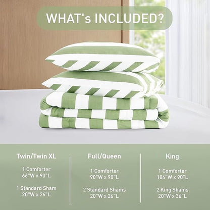 Reversible Striped Queen Comforter Set, Soft Microfiber Bedding Set with Double-sided Stripes Design, Warm & Cozy for All-Seasons, 3-Piece Comforter and Shams Set Queen Size, Sage Green