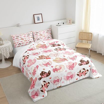 Feelyou Pink Western Decor Bedding Set King Size Cowboy Cowgirl Boots Comforter Set for Kids Boys Girls Decor Cute Bowknot Cherry Dreamy Princess Style Comforter Rodeo Cowboy Style Duvet Set