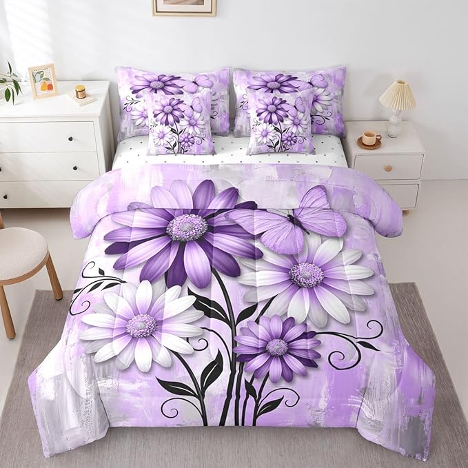 Feelyou Purple Floral Comforter Set with Sheets 7 Piece Full Size Daisy Blossom Flowers Pattern Bedding Set for Kids Boys Girls Abstract Geometric Art Bed in a Bag Room Decor Microfiber