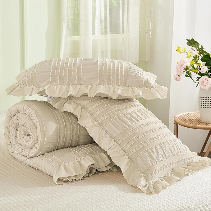 WONGS BEDDING Beige Comforter Set Full, 3 Pieces Ruffle Shabby Chic Comforter for Dorm Room Essentials for Full Bed, Soft Seersucker Bedding Set with 1 Comforter, 2 Tufted Pillowcases 90"×78"