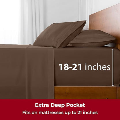 Mellanni Extra Deep Queen Sheets - 4 PC Iconic Collection Bedding - Hotel Luxury, Ultra Soft, Cooling Bed Sheets - Wrinkle, Fade, Stain Resistant (Queen, Brown)