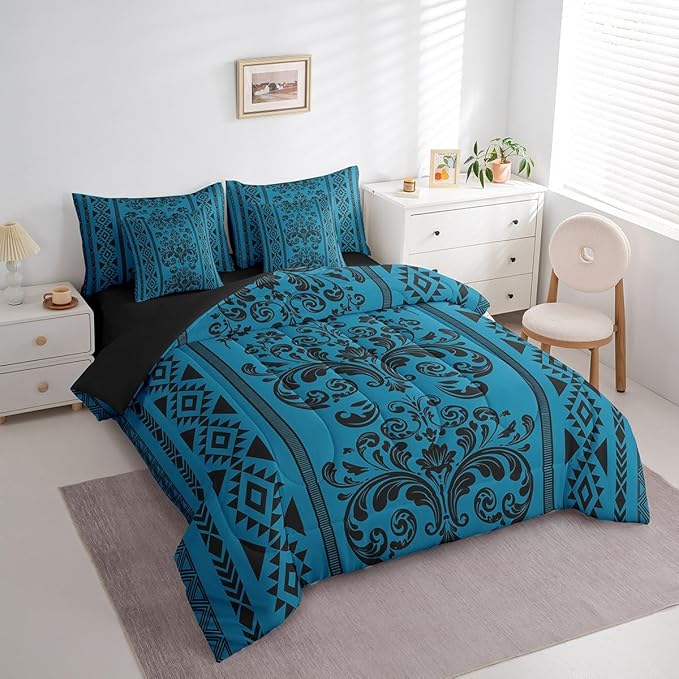 Comforter Set Twin Size, Steel Blue Aztec Damask 7 Pcs Bedding for Kids and Adults, Victorian Decor Western Baroque Goth Bed Sheet Sets with Fitted Sheet 2 Pillowcases & 2 Shams for Bedroom Bed Decor