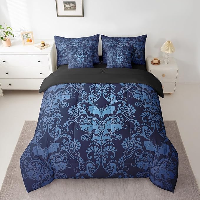 Erosebridal Gothic Damask Comforter Set 7 Piece Bed in a Bag Twin,Halloween Bat Bedding Sets Blue Victorian Floral Goth Sheet Set with Comforter