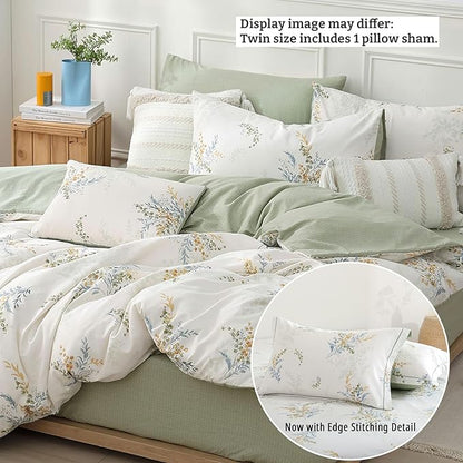 White Cotton Comforter Twin Size 2Pcs - Blue Branches & Orange and Green Buds on White, Chevron Sage Green Back, Reversible Lightweight Bedding Sets with Soft Fill(1 Comfoter, 1 Pillowcase)