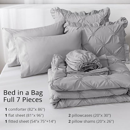 JOLLYVOGUE Gray Bed in a Bag Comforter Set for Bedroom, Pintuck Full Size Comforter Sets 7 Pieces,Beddding Sets with Comforter, Sheets,Ruffled Shams & Pillowcases