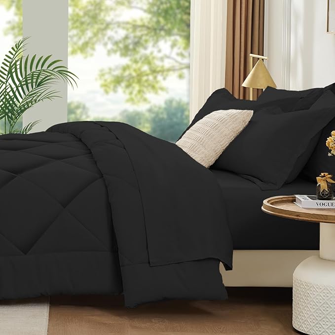 FUANNA 7 Pieces King Size Comforter Set, All Season Bed in a Bag King Size, Luxury Soft Bedding Sets with Comforter, Flat Sheet, Fitted Sheet, Pillowcases & Pillow Shams, Black