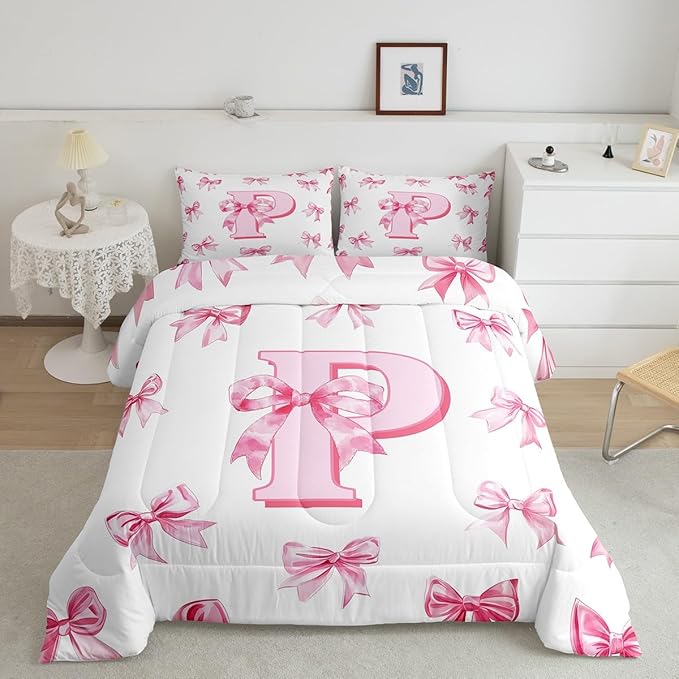 Erosebridal Initial Letter P Bedding Comforter Sets Pink Kawaii Bow Queen Bedding Set for Girls,Dreamy Princess Letter Bowknot Comforter Set for Kids Teen Women Bedroom Decor,Cute Girly Bow Bed Set