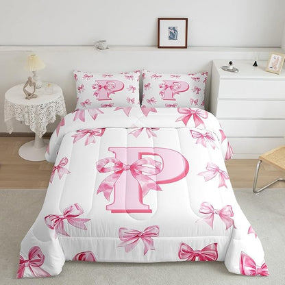 Erosebridal Initial Letter P Bedding Comforter Sets Pink Kawaii Bow Queen Bedding Set for Girls,Dreamy Princess Letter Bowknot Comforter Set for Kids Teen Women Bedroom Decor,Cute Girly Bow Bed Set