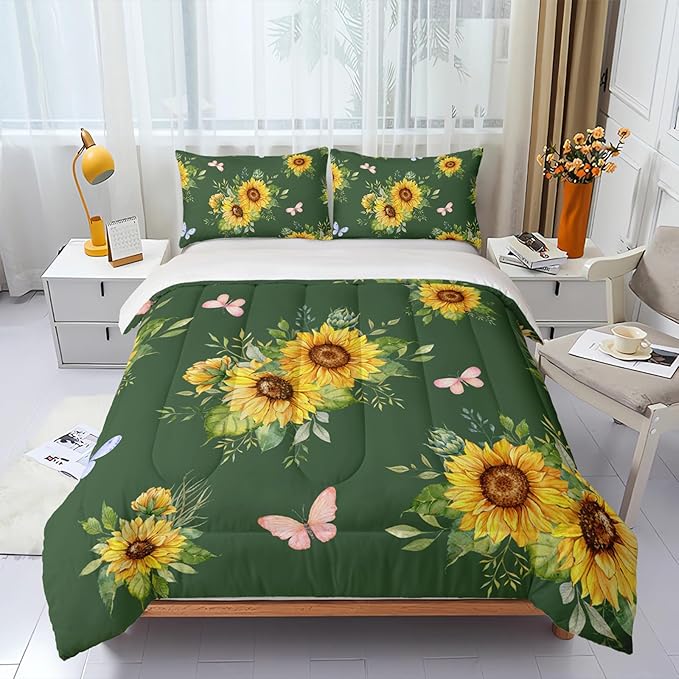 3 Piece Green Sunflower Comforter Sets Twin Size, Farmhouse Floral Bedding Set for Girls Boys Adults,3 Piece Bed in A Bag, Ultra Soft Microfiber All Season Yellow Flower Bedding Set