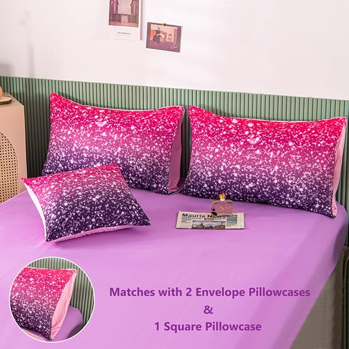 PERFEMET Pink Purple Girls Queen Comforter Set with Sheets 6 Pieces Colorful Rainbow Tie Dye Kids Bedding Set Sparkle Glitter Ombre Bed in A Bag Soft Fluffy Teen Girl Bed Set for Bedroom Decor