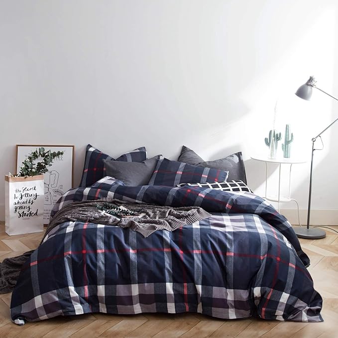Pureant Navy Blue Plaid Comforter Set King Blue Grid Bedding Comforter Sets for Men Boys Tartan Geometric King Comforter Soft Buffalo Grid Quilts Boho Blue King Size Comforter Sets Breathable