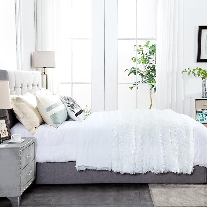 JONIYEAR Oversized Decorative Fluffy Faux Fur Throw Blanket Twin Size 60" x 71",Soft Large Luxury Lightweight Furry Blanket,Accent Cozy Shaggy Plush Thick Warm Fuzzy Blankets for Winter Bed Sofa,White