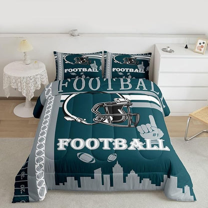 Feelyou Football Bedding Set Boys Girls Queen Size Women Men Rugby Sports Comforter Football City Duvet Quilt Green Gray Room Decor