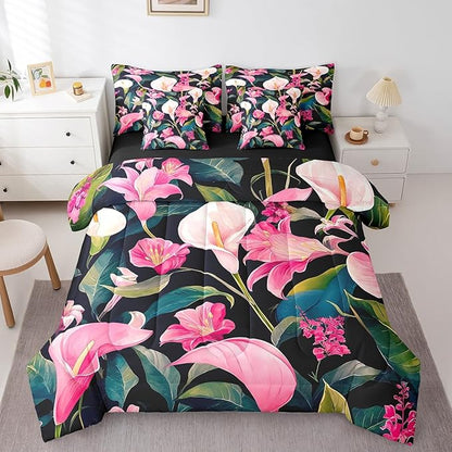 Feelyou Flower Comforter Set Full Size 7 Pieces Palm Leaf Bedding Set for All Season Floral Blossom Tropical Botanical Nature Theme Bed in a Bag with Comforter, Sheets, Pillowcases & Cushion Cover
