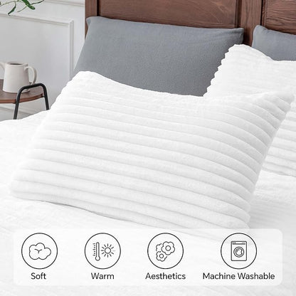 BEDELITE Fleece Oversized Queen Comforter Set -Super Soft & Warm Fluffy Bright White Bedding, Luxury Fuzzy Heavy Bed Set for Winter with 2 Pillow Cases