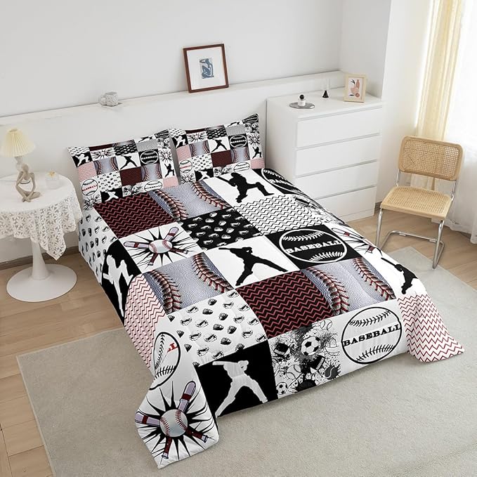 Feelyou Rugby Sports Comforter Set King Size Football Comforter for Boys Girls Teens Baseball Bedding Set Basketball Duvet Set Room Decor Balck Grey White Mixed Ball Quilt Set