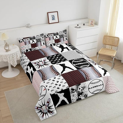 Feelyou Rugby Sports Comforter Set Full Size Football Comforter for Boys Girls Teens Baseball Bedding Set Basketball Duvet Set Room Decor Balck Grey White Mixed Ball Quilt Set
