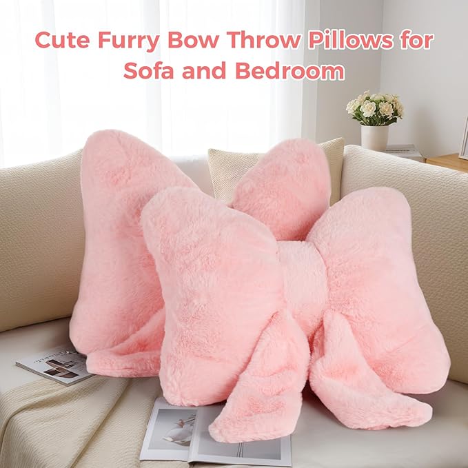 2 PCS Pink Bow Pillow, Soft Bow Decorative Pillows with Faux Fur, Cute 12" Bow Throw Pillows, Aesthetic Home Decor Bow Shaped Plush Pillow for Bedroom Sofa Couch