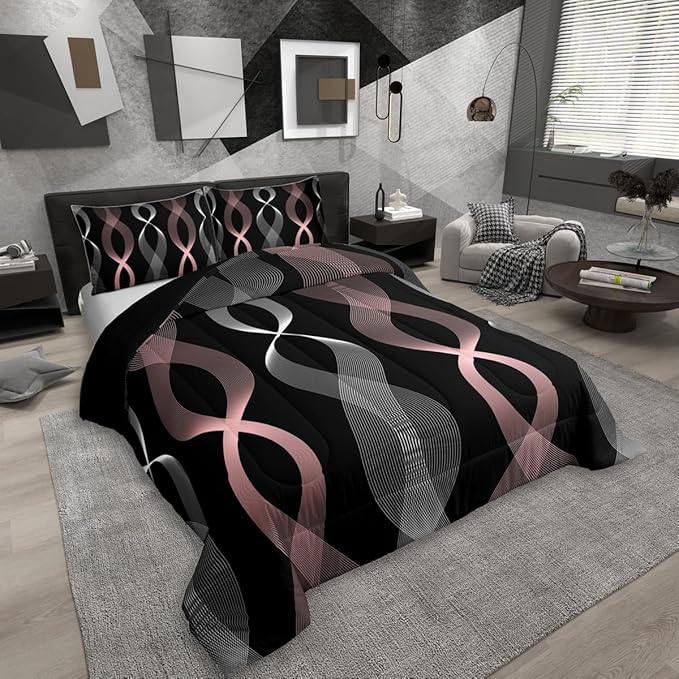 Erosebridal Pink and Black Toddler Comforter Set for Girls, Boho Pink Striped Abstract Bedding Set, Contemporary Aesthetic Ombre Line Comforter for Women Teens Bedroom, Modern Geometric Stripes Quilt