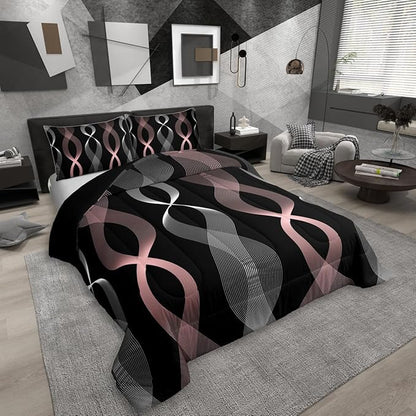 Erosebridal Pink and Black Twin Bedding Set for Girls, Boho Pink Striped Abstract Comforter Set, Contemporary Aesthetic Ombre Line Comforter for Women Teens Bedroom, Modern Geometric Stripes Quilt