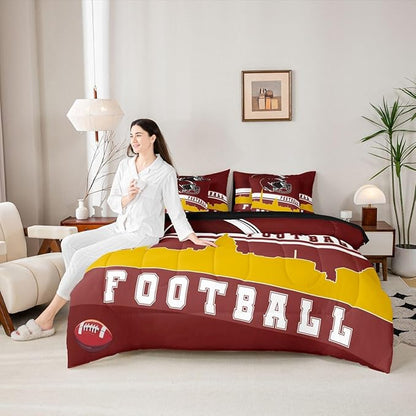 Erosebridal Football 7 Pcs Comforter Set Queen Football Fans Bedding for Kids Football City Sheet Set Bed in A Bag Red Yellow Rugby Competition Room Decor Sports Ball Game Quilt