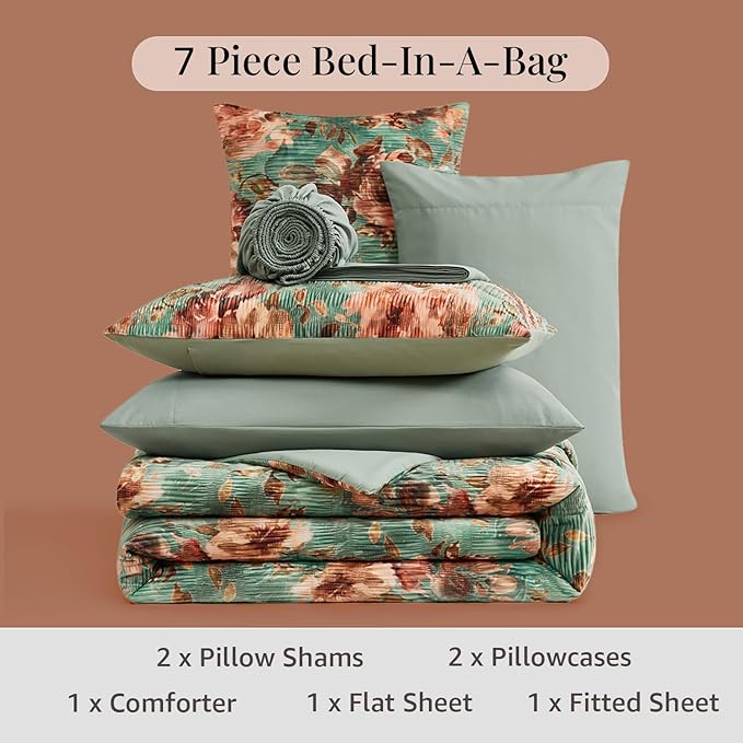 CASAAGUSTO Queen Comforter Set, 7 PCS Sage & Red Floral Comforter Set with Flowers Leaves Pattern, Soft Velvet Design for Winter Queen Size Bedding Set(90"X90")