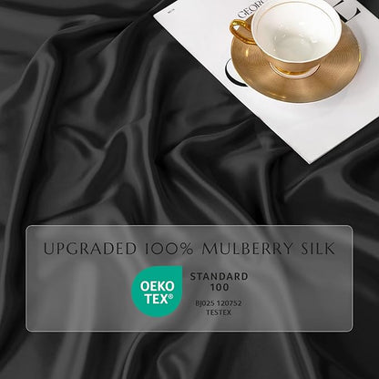 THXSILK 100% Mulberry Silk Fitted Sheet Set, 7A+ Silk 3 Pieces Bed Sheets, Breathable, Smooth, 16 Inch Deep Pocket Fitted Sheet, 2 Pillowcases - Black, California King
