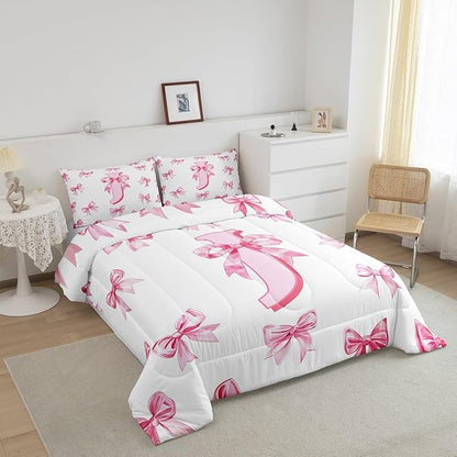 Erosebridal Kawaii Bowknot Girls Bedding Set Dreamy Princess Style Queen Comforter Set for Kids Teen Women,Cute Initial Letter J Bow Bedding Comforter Sets Pink Chic Girly Bed Set Bedroom Decor