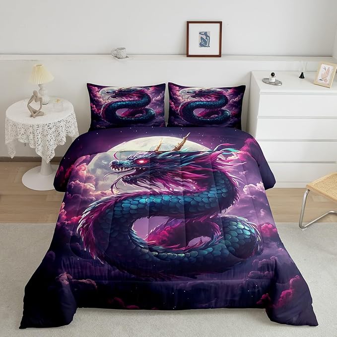 Mystery Dragon Comforter Set for Kids Adults,Exotic Moon Vintage Dragon Chinese Style Bedding Comforter Sets King,3D Wildlife Watercolor Cloud Quilt Comforter with 2 Pillowcases