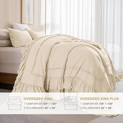CozyTide Ruffle Oversized King Comforter 120x120,Farmhouse Shabby Boho Chic Bedding Cotton French Country Rustic Ruffled California King Comforter Set 3PCS
