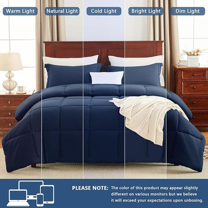 CozyLux King Comforter Set - Navy Blue Comforter King Size, 3 Pieces Box Stitched Bed Set for All Seasons, Soft Lightweight Bedding Sets with 1 Down Alternative Comforter and 2 Pillow Shams