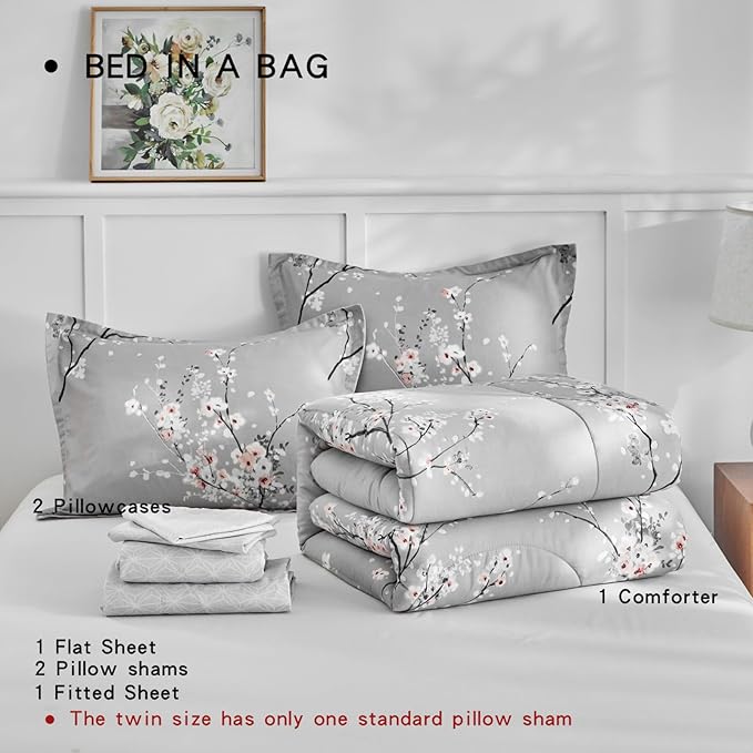 AIKASY Bed in a Bag 7 Pieces Queen Size - Floral Print - Soft Microfiber, Reversible Bed Comforter Set (1 Comforter, 2 Pillow Shams, 1 Flat Sheet, 1 Fitted Sheet, 2 Pillowcases)（Grey, Queen）