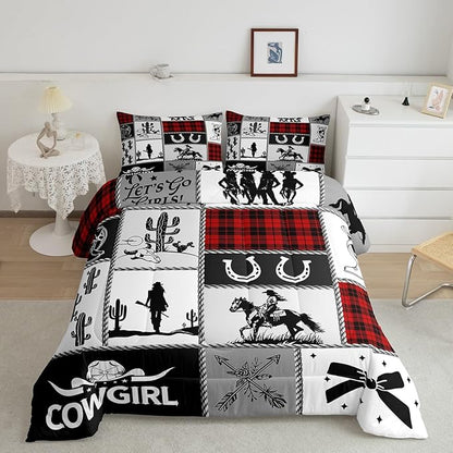 Western Cowgirl Kid Comforter Set King Size,Cactus Horseshoe Cow Skull Geometric Patchwork Bedding Set,Girls Women Room Decor,Bowknot Arrow Boho Down Comforter,Red Xmas Duvet Insert,2 Pillowcases