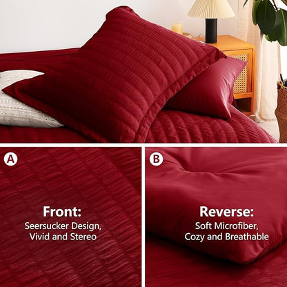CozyLux Queen Comforter Set Dark Red Seersucker 7 Pieces Bed in a Bag Queen Comforter Set with Sheets, Luxury Soft Bedding Set with Down Alternative Comforter, Sheets, Pillowcases & Shams All Seasons