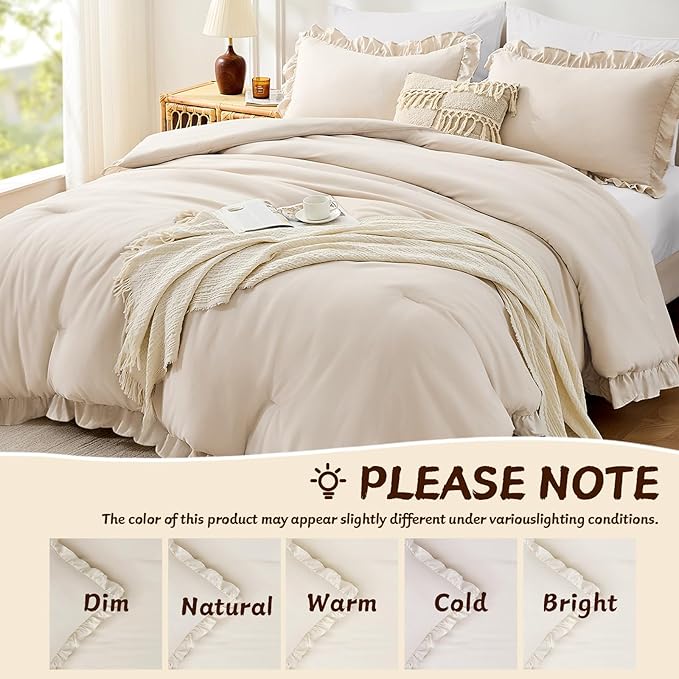 FUANNA Queen Comforter Set Beige 3 Pieces, Ruffle Shabby Chic Queen Bed Set, Fluffy Lightweight Soft Bed in a Bag Queen for All Seasons, Farmhouse Bedding Comforter Sets(1 Comforter & 2 Pillowshams)