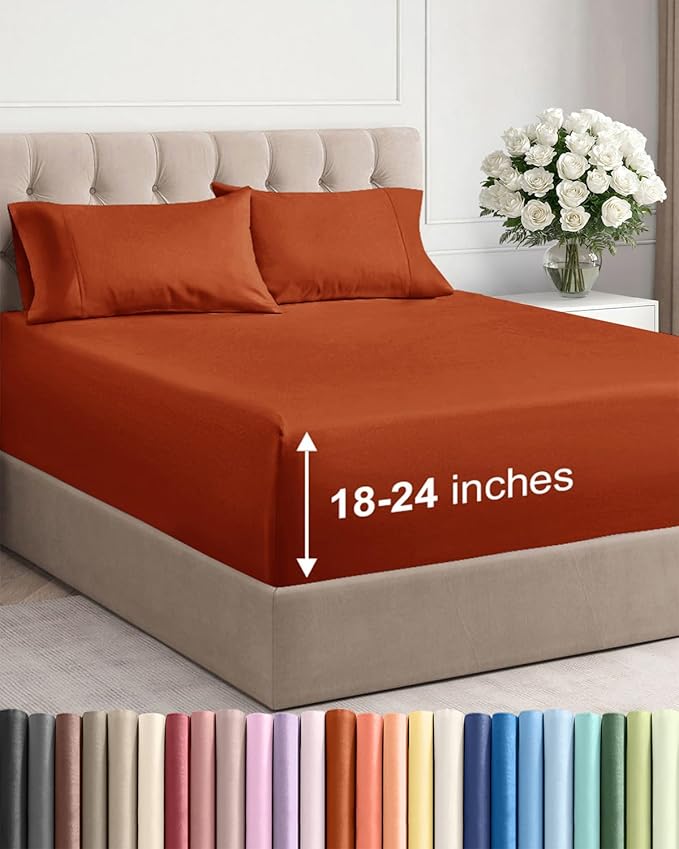 Extra Deep Twin Sheet Set - 4 Piece Breathable and Cooling Sheets - Hotel Luxury Bedding for Women, Men, Kids & Teens - Easy & Secure Fit - Soft, Wrinkle Free & Comfy - Extra Deep Pockets - Terracotta