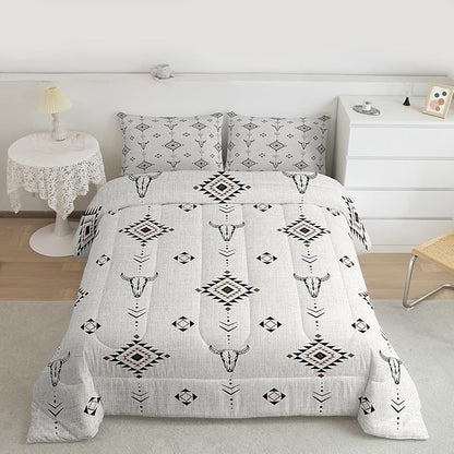 Erosebridal Western Aztec Comforter Set Full Size, Boho Farmhouse Bedding Set for Kids Boys Teens Ethnic Southwest Bull Skull Cow Quilt American Native Southwestern Duvet Insert Bedroom Decor