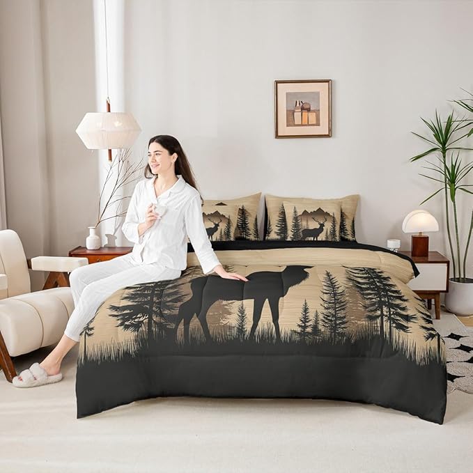 Erosebridal Woodland Cute Deer Bed in A Bag (King Size,7 Pieces) | Deer Hunting Comforter Set with Sheets Rustic Cabin Lodge Bedding Set for Kids Boys Girls Western Animal Silhouette Duvet Insert