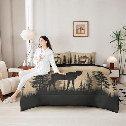 Erosebridal Woodland Cute Deer Bed in A Bag (King Size,7 Pieces) | Deer Hunting Comforter Set with Sheets Rustic Cabin Lodge Bedding Set for Kids Boys Girls Western Animal Silhouette Duvet Insert