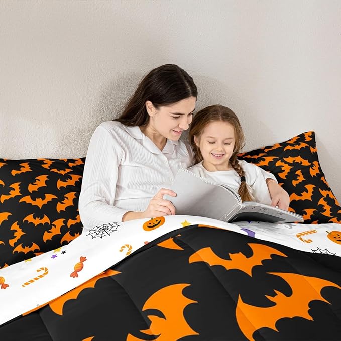 Erosebridal Orange Bat Toddler Comforter Halloween Bat Bedding Set Spooky Goth Gothic Animal Duvet Insert Horror Halloween Bed Sets for Kids Teens Adults